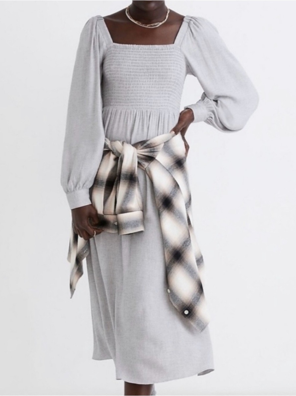 Madewell Light Gray Smocked Midi Dress with Puff Sleeves